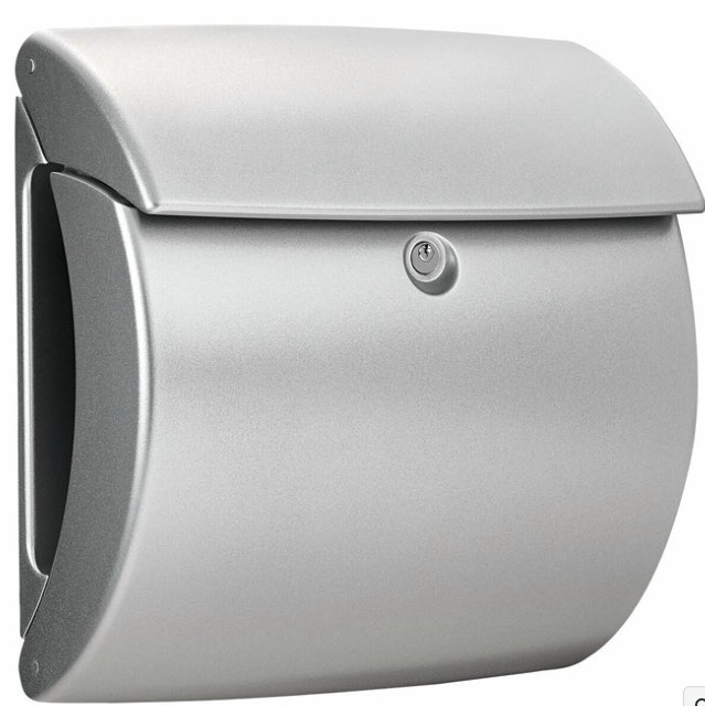 postbox, briefkasten, metall, wandmontiert, gekrümmter deckel