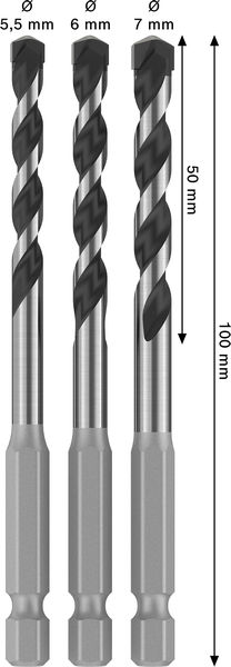 Bild der Produktabmessungen, Bohrer, Stahl, Spiralbohrer, Durchmesser 5,5–7 mm, Länge 100 mm