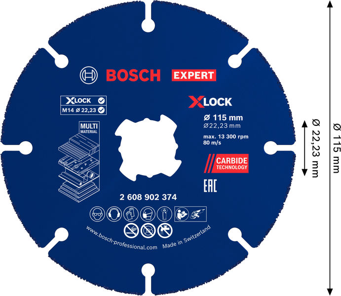 Bild der Produktabmessungen, Durchmesser 115 mm, Trennscheibe, Carbid-Technologie, Multi-M Material, Hergestellt in der Schweiz