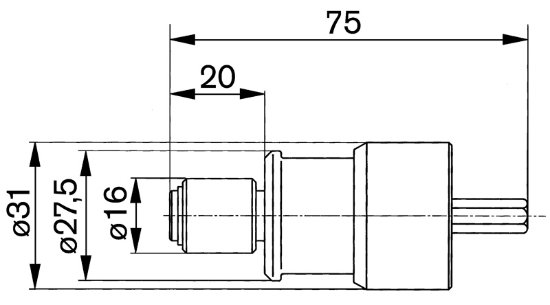 Bild der Produktabmessungen, zylindrischer stecker, elektrischer stecker, metallkörper, technische zeichnung, mechanische komponente