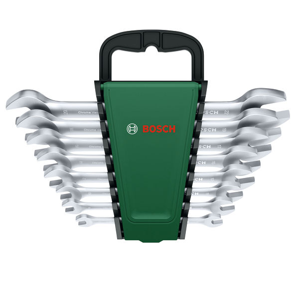 Produktbild, Werkzeugsatz, Ringmaulschlüssel, Metallische Zangenschlüssel, Grüner Halter, Werkzeugset