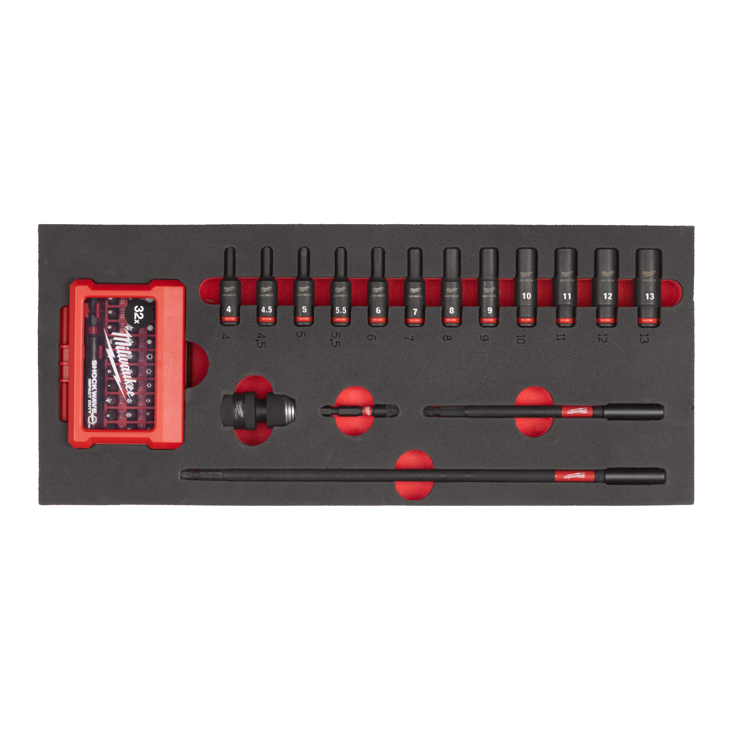 Milwaukee Einlage 17-teilige für Werkstattwagen 78 cm 1/4" SHOCKWAVE Schlagnüsse lang
