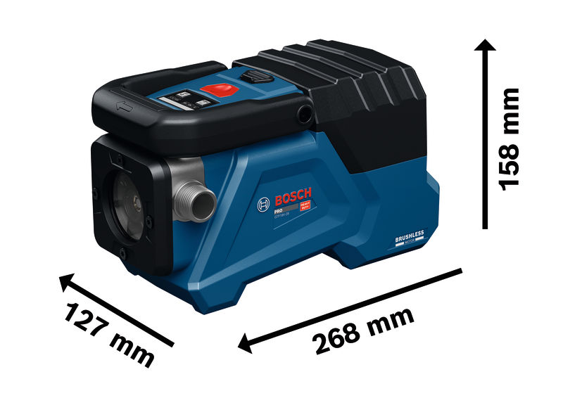 Bild der Produktabmessungen, Wasserpumpe, Mechatronik, Blaue Pumpe, Bosch Pro, Druckpumpe