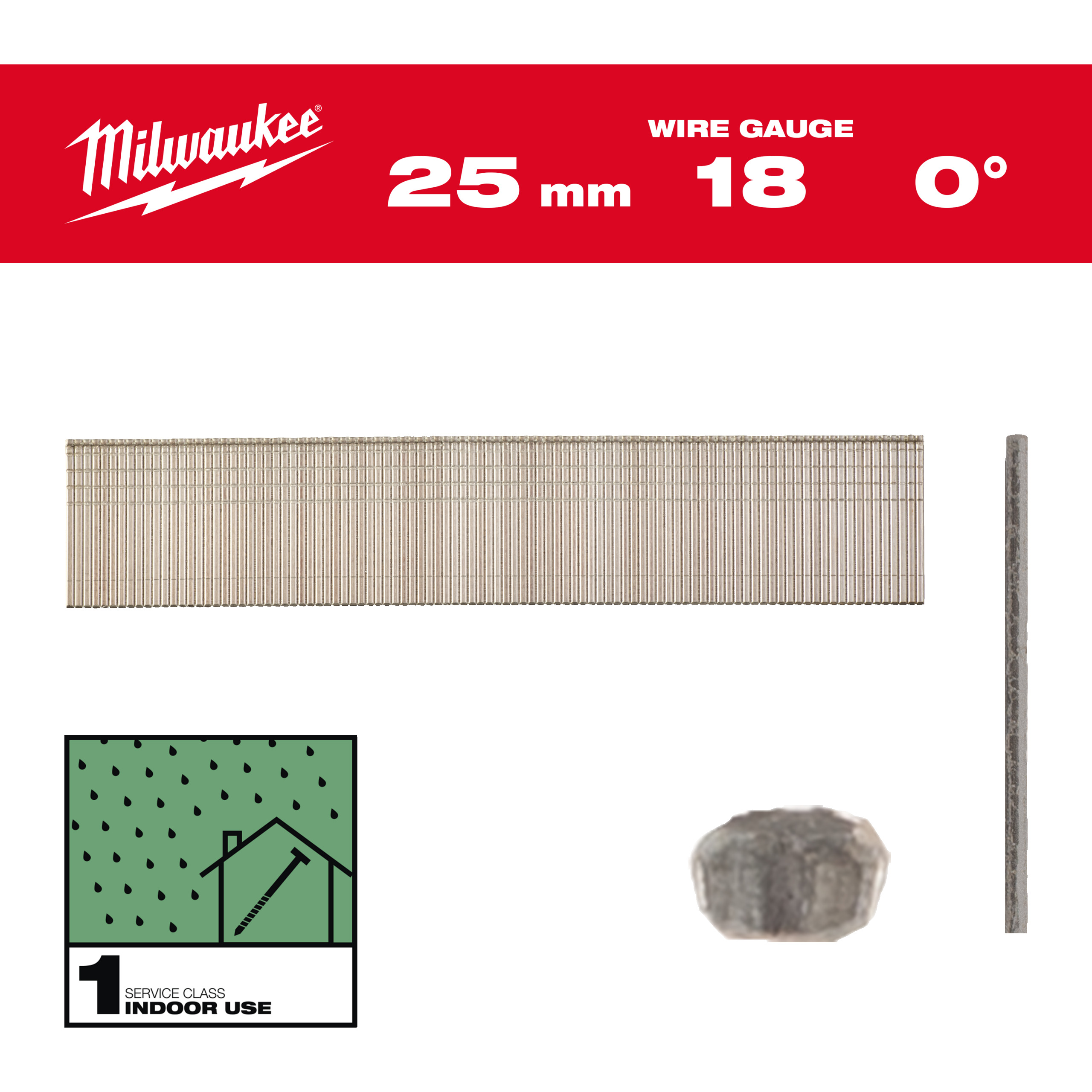 Milwaukee Nägel 1,05 x 1,25 25 mm verzinkt, 0° Stauchkopf-Nägel 18 Gauge für M18FN18GS & M18CN18GS