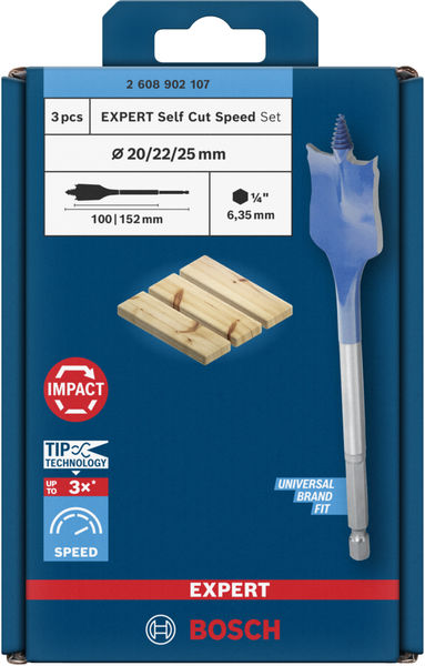 Produktbild Verpackung, Holzbohrer, Schnellwechsel-Set, Ø20/22/25 mm, Schnittbohrer, Impakt/Universal