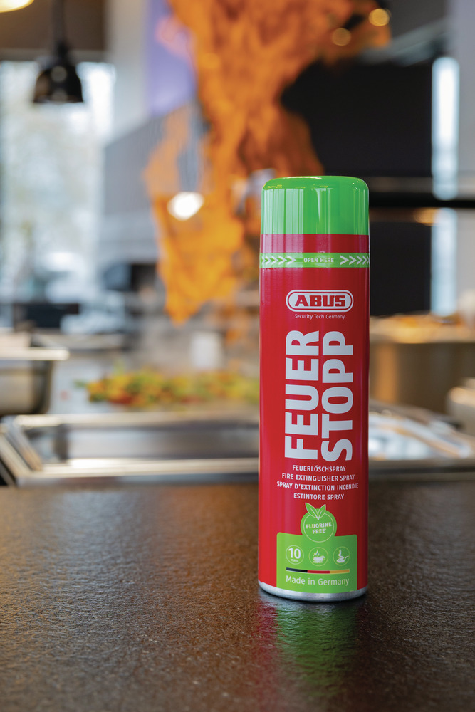Feuerlöscher Sprühspray, Brand: ABUS, Rot-grünes Sprühdosen-Design, Fluorfreie Formel, Made in Germany