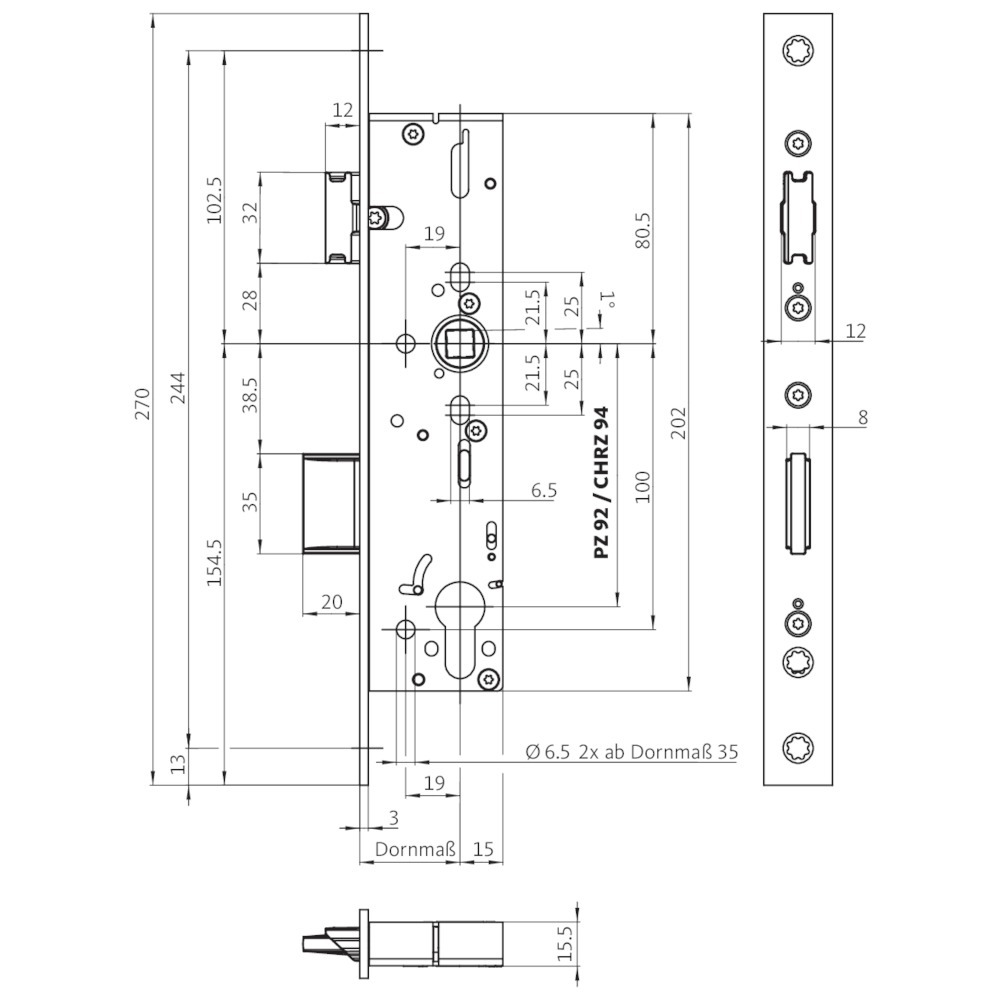 Schlossmechanismus, Einsteckschloss, Maße, Schlosszylinder, Türbeschlag