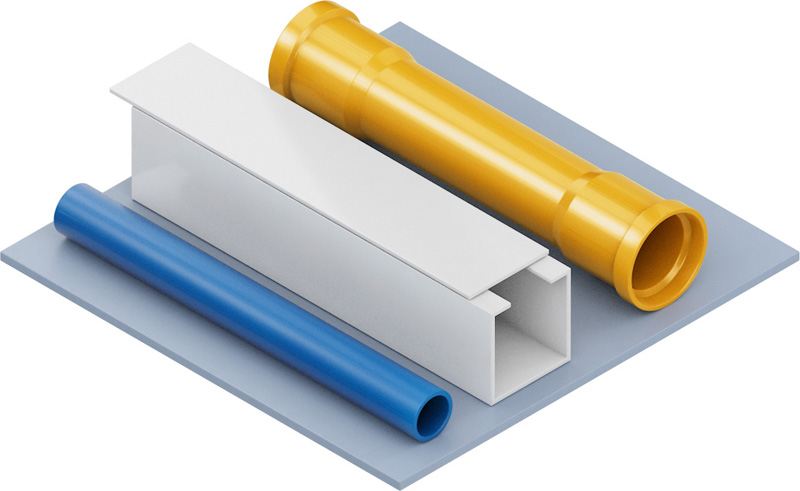 Material-Symbol, PVC-U Rohr, T-Profile, Wandhalter, Leitungssatz, Verlegeplatte
