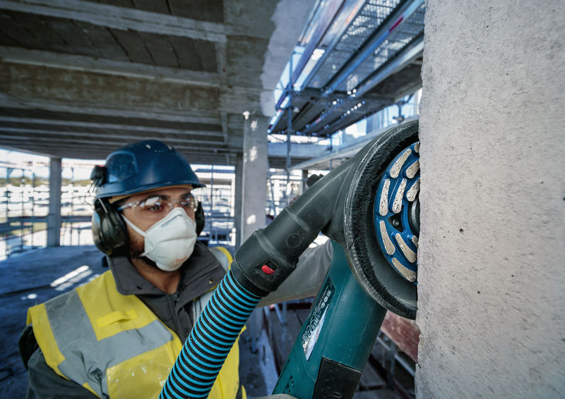 Detailbild, Schleifgerät, Trennscheibe, Industriearbeit, Schutzhelm, Maskierung