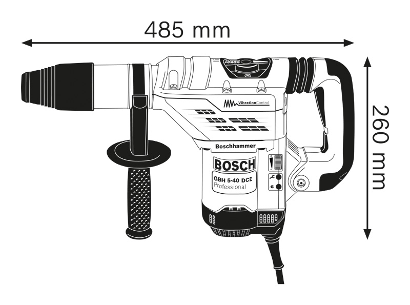 Bild der Produktabmessungen, Bohrhammer, Wandbohrer, Vibrationswerkzeug, Schlaghammer, Kabelanschluss
