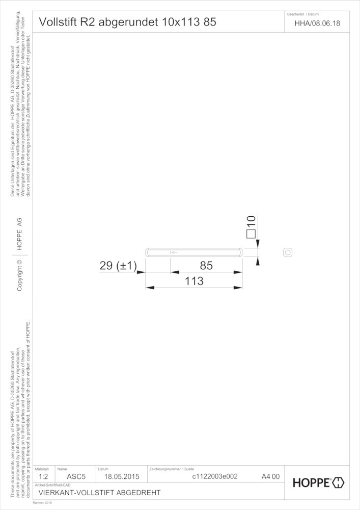 HOPPE Vierkantstift R2, 10x113mm verzinkt