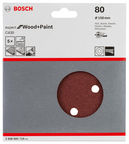 Bosch Schleifblatt C430, 150 mm, 40, 6 Löcher, Klett, 5er-Pack