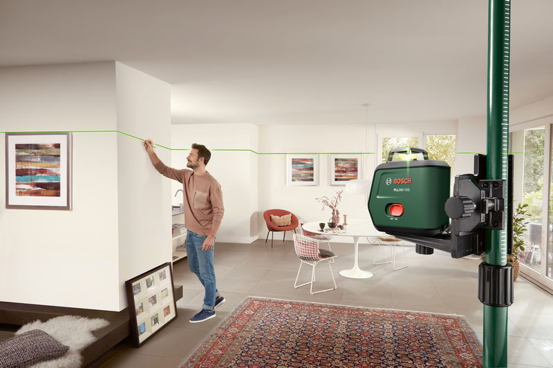 Anwendungsbild, Spiralfusspegeldreie, Wandblei, Grüne Linie, Wohnzimmer, Heimwerker Renovierung