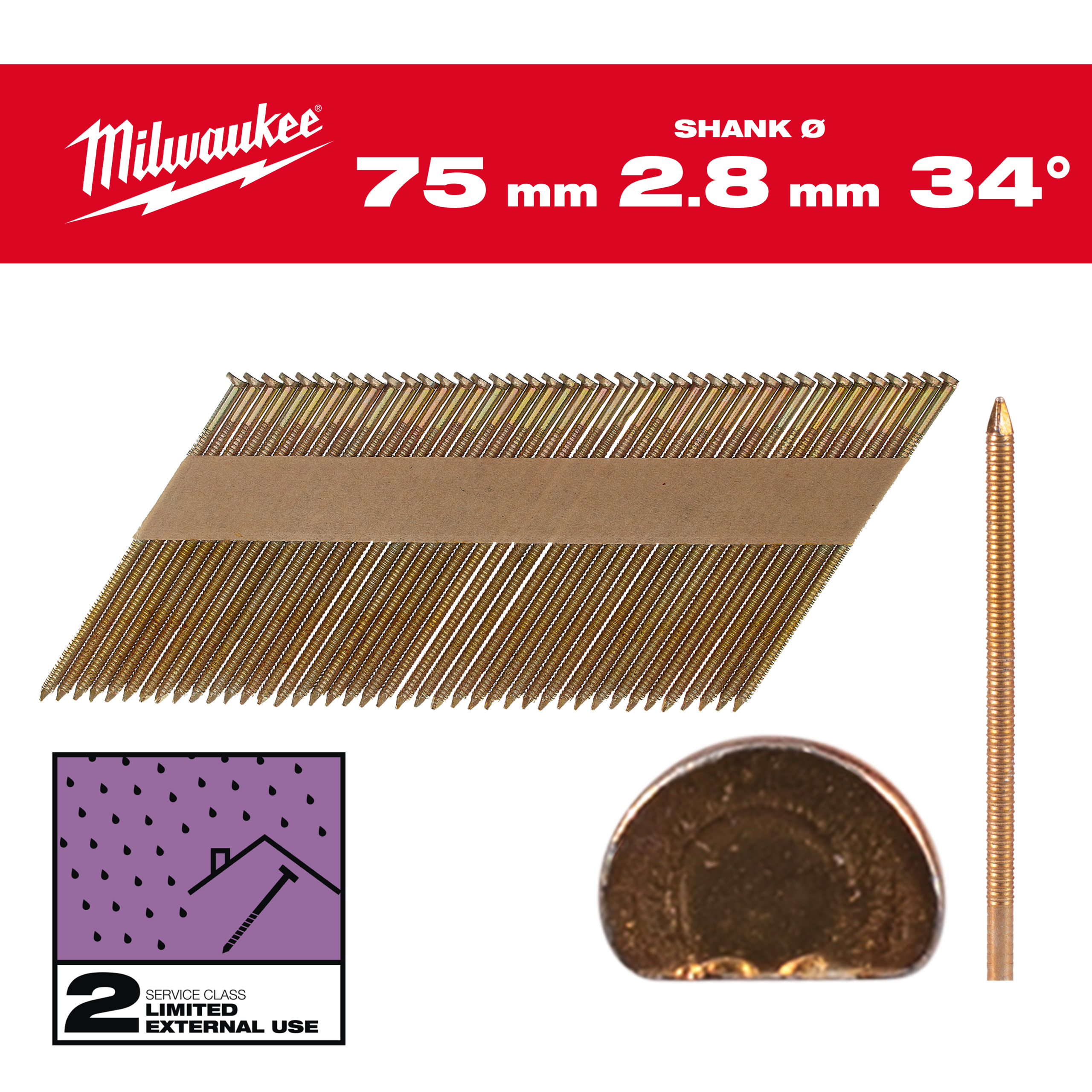 Milwaukee Nägel 7,4 x 2,8 75 mm, Ringschaft verzinkt, 34° D-Kopf-Nägel für M18FFN