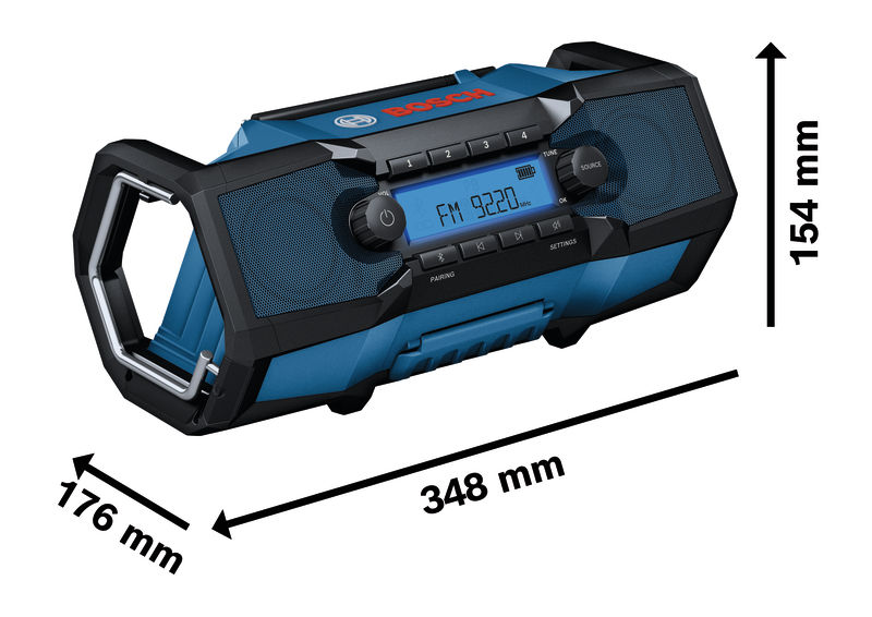 Bild der Produktabmessungen, Bluetooth, Soundsystem, Portable speaker, Tragegriff, Maße 348x154x176 mm