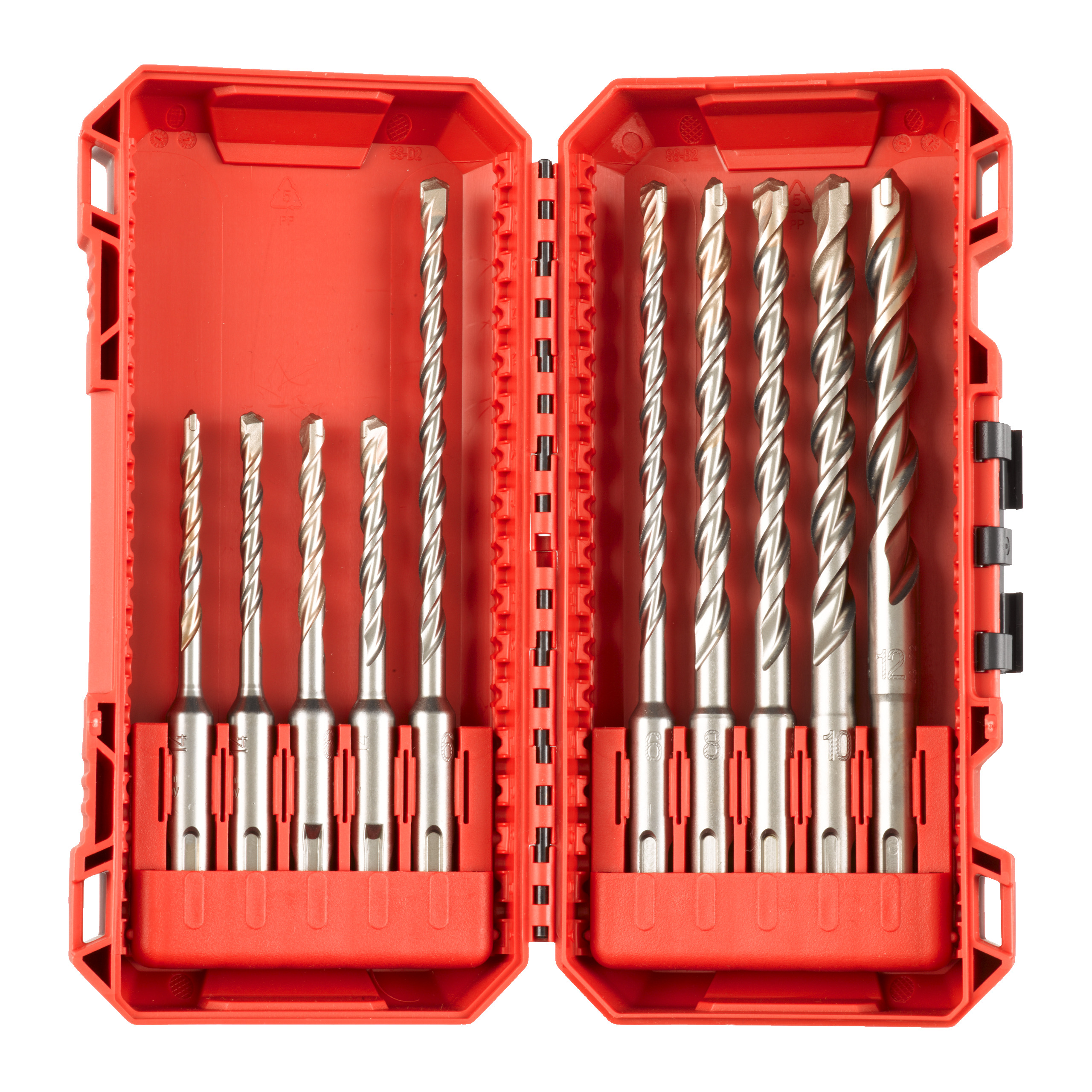 Milwaukee Hammerbohrer-Set 5/5/6/6 x 110 mm, 6/6/8/8/10/12 160 mm in PACKOUT kompatibler Kassette Hammerbohrer M2 SDS-Plus Set, 10-teilig