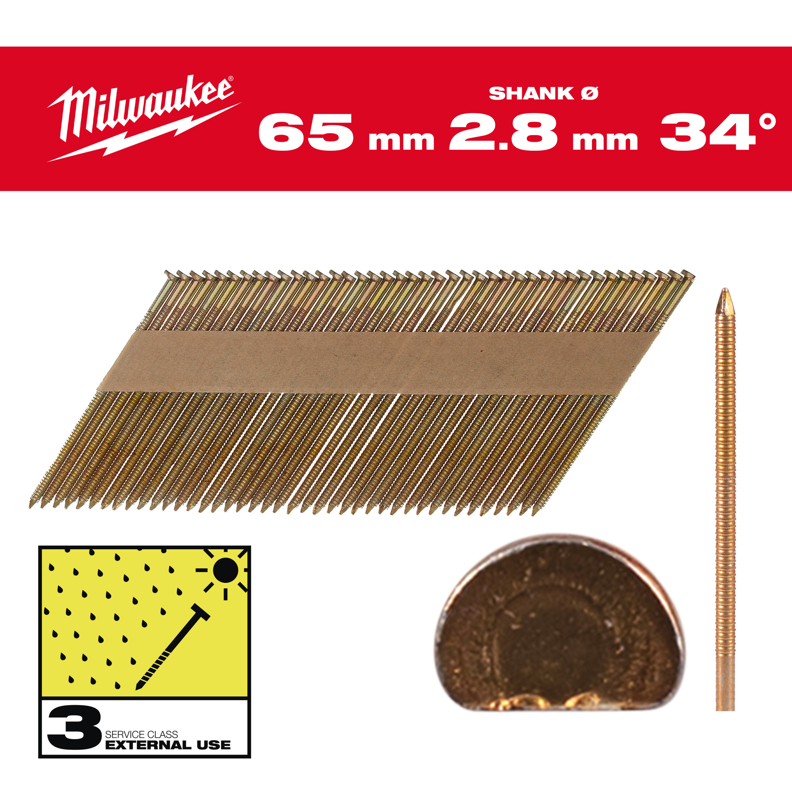 Milwaukee Nägel 7,4 x 2,8 65 mm, Ringschaft feuerverzinkt, 34° D-Kopf-Nägel für M18FFN