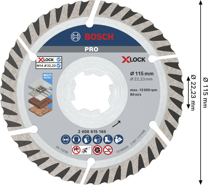 Bild der Produktabmessungen, Diamondschnittsatz, Tiefen-Schnittscheibe, Kreissägeblatt, Bohrdurchmesser-115mm, X-LOCK