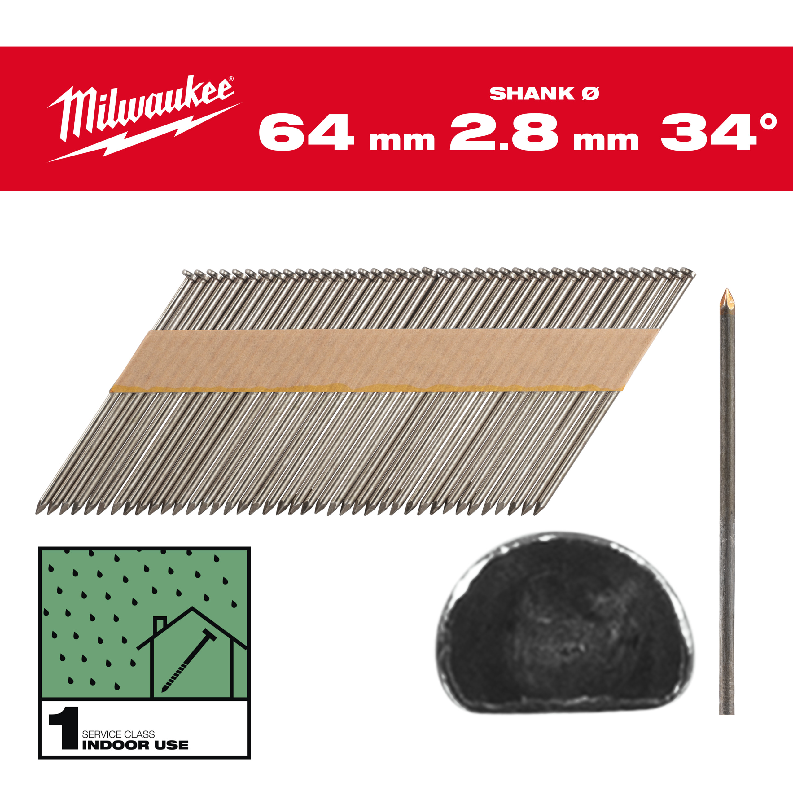 Milwaukee Nägel 7,4 x 2,8 63 mm, Glattschaft Stahl blank, 34° D-Kopf-Nägel für M18FFN