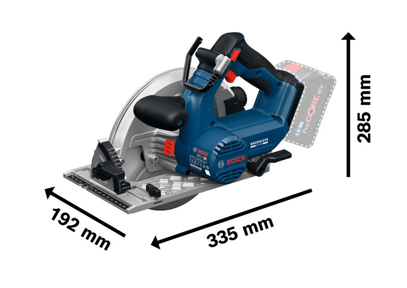 Bild der Produktabmessungen, Kappmesser, Kreissäge, Akku, Bosch, Werkzeugmaschine