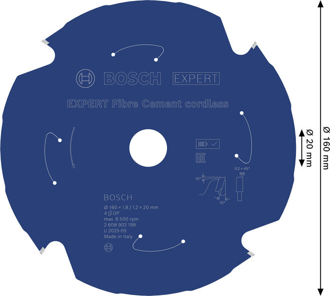 Bild der Produktabmessungen, Fibre cement cordless, Rot-blaues Schutzscheibe, Schneidscheibe, Trennscheibe, Bosch Expert