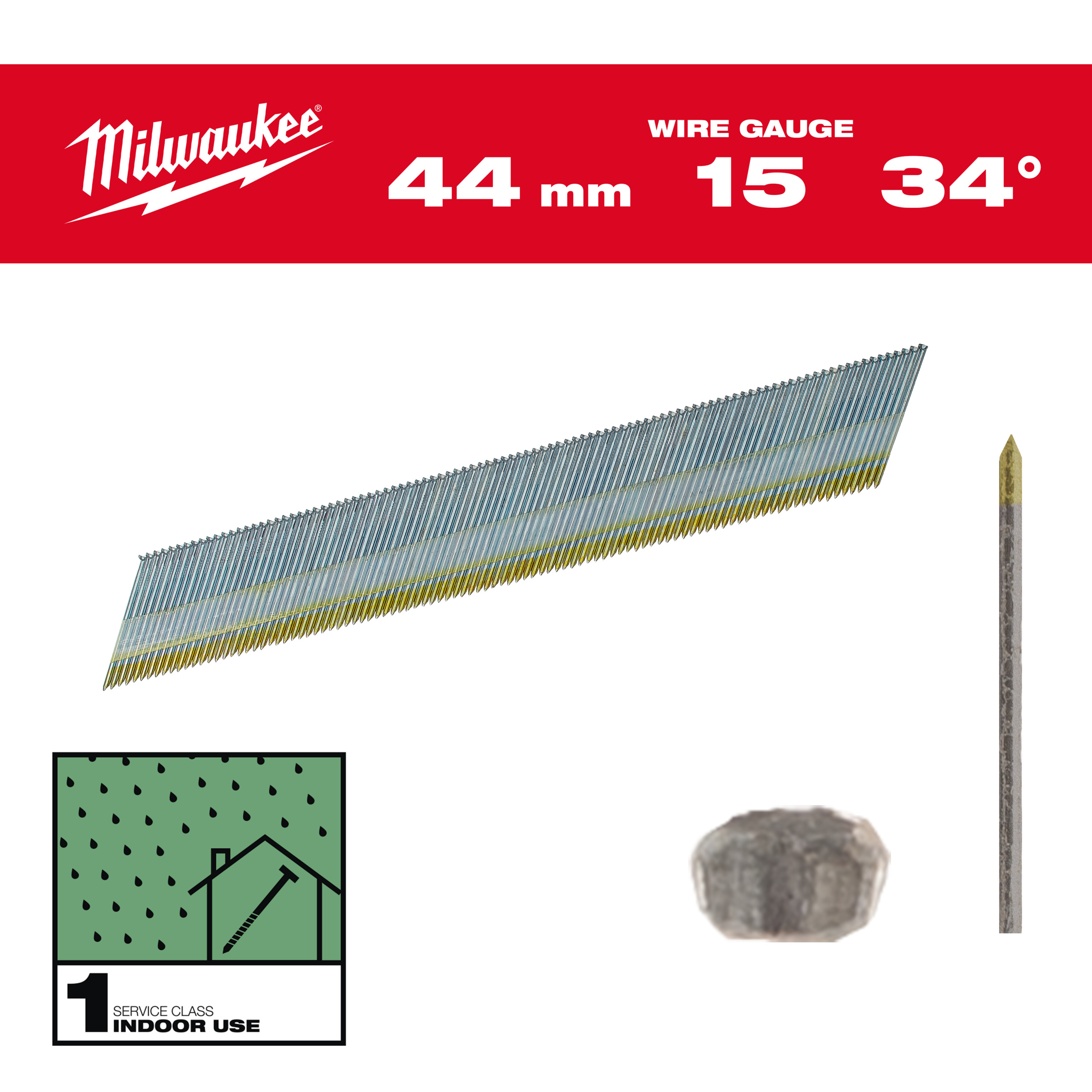 Milwaukee Nägel 1,8 x 44 mm verzinkt, 34° Stift-Nägel D-Kopf 15 Gauge für M18CN15GA & M18FN15GA