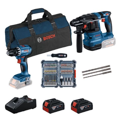 Bosch 18V-Set Schraubendreher + Schlagbohrer-Set, 2 x Akku, Schnellladegerät, Werkzeugtasche, Schrauberbit, Hammerbohrer