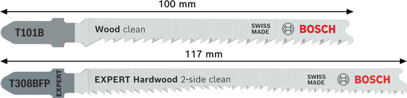 Bild der Produktabmessungen, jigsaw blade, holzsäge, zahnspitze, bosh logo, torso label