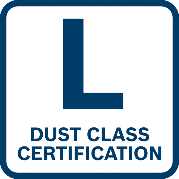 Symbol, Buchstabe L, blaues Logo, Staubklasse Zertifizierung, Zertifikat, Markenzeichen