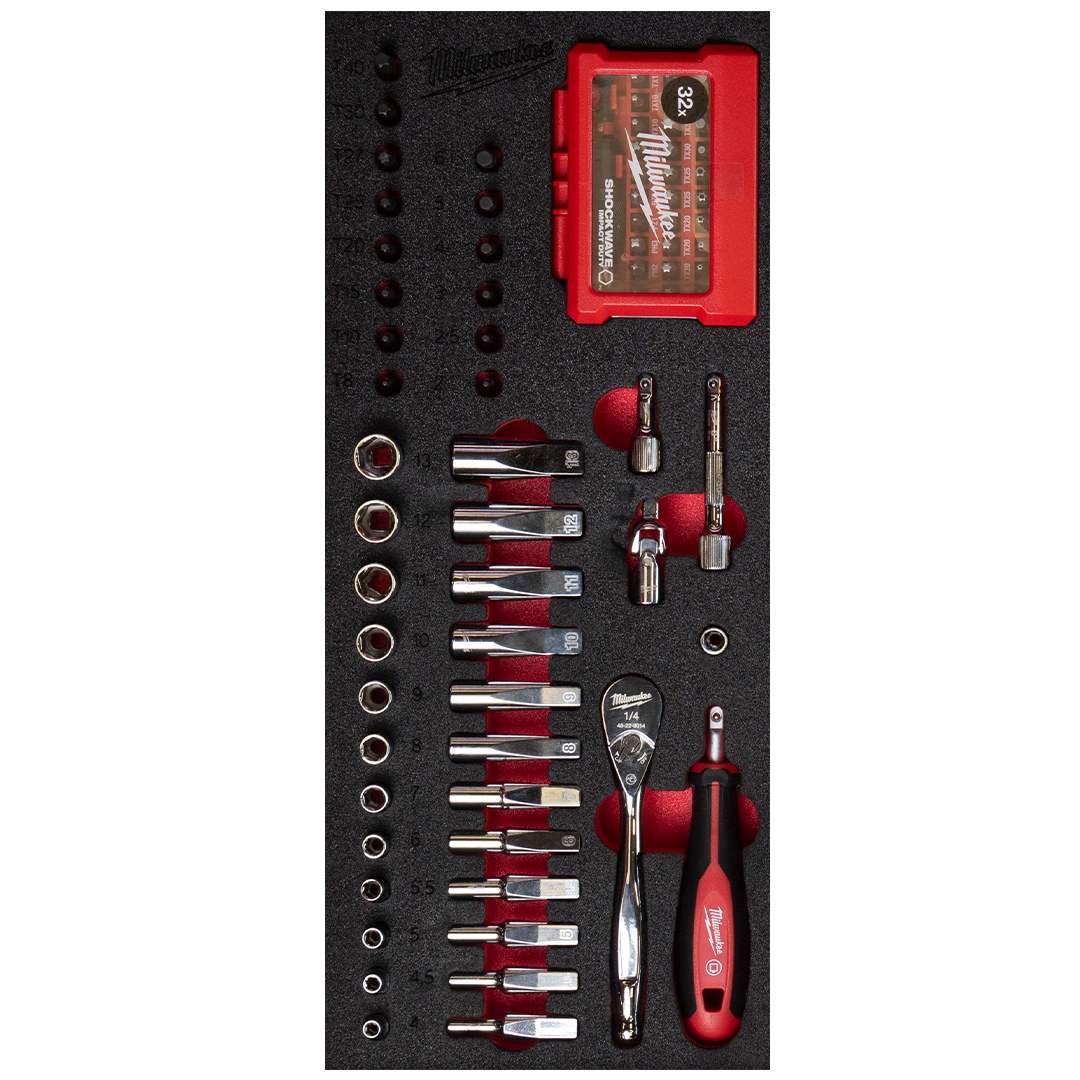 Milwaukee Ratschensatz 45-teilige Einlage für Werkstattwagen 78 cm 1/4" Ratschen, Handgriff, Steckschlüssel- & Bit-Steckschlüsseleinsätze