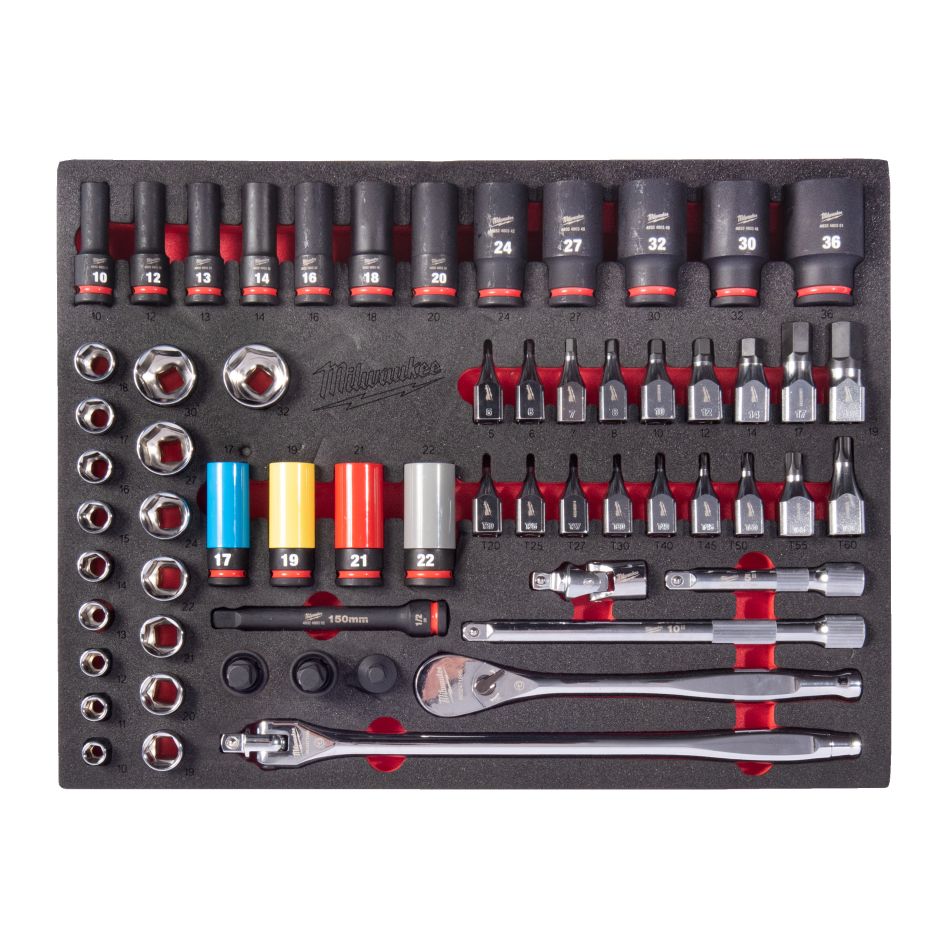 Milwaukee 60-teilige Einlage für Werkstattwagen 1/2" Ratschen und SHOCKWAVE Schlagnuss Einlage