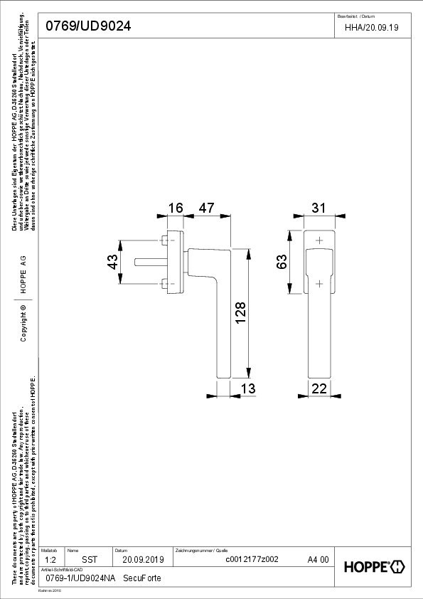 HOPPE Fenstergriff Austin 0769/UD9024,eckig,7/32-42,verkehrsweiß matt