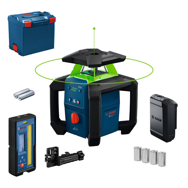 Produktbild Lieferumfang, Baustellen-gerät, Laser-Nivelliergerät, Leveling-Tool, Batterie-Ladegerät, Zubehörset