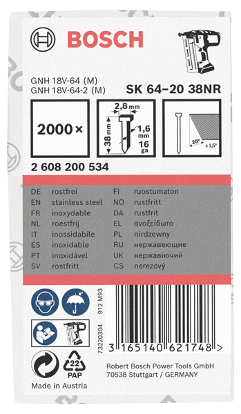 Bosch Senkkopf-Stift SK64 20G, 38 mm verzinkt, 2000 Stk.