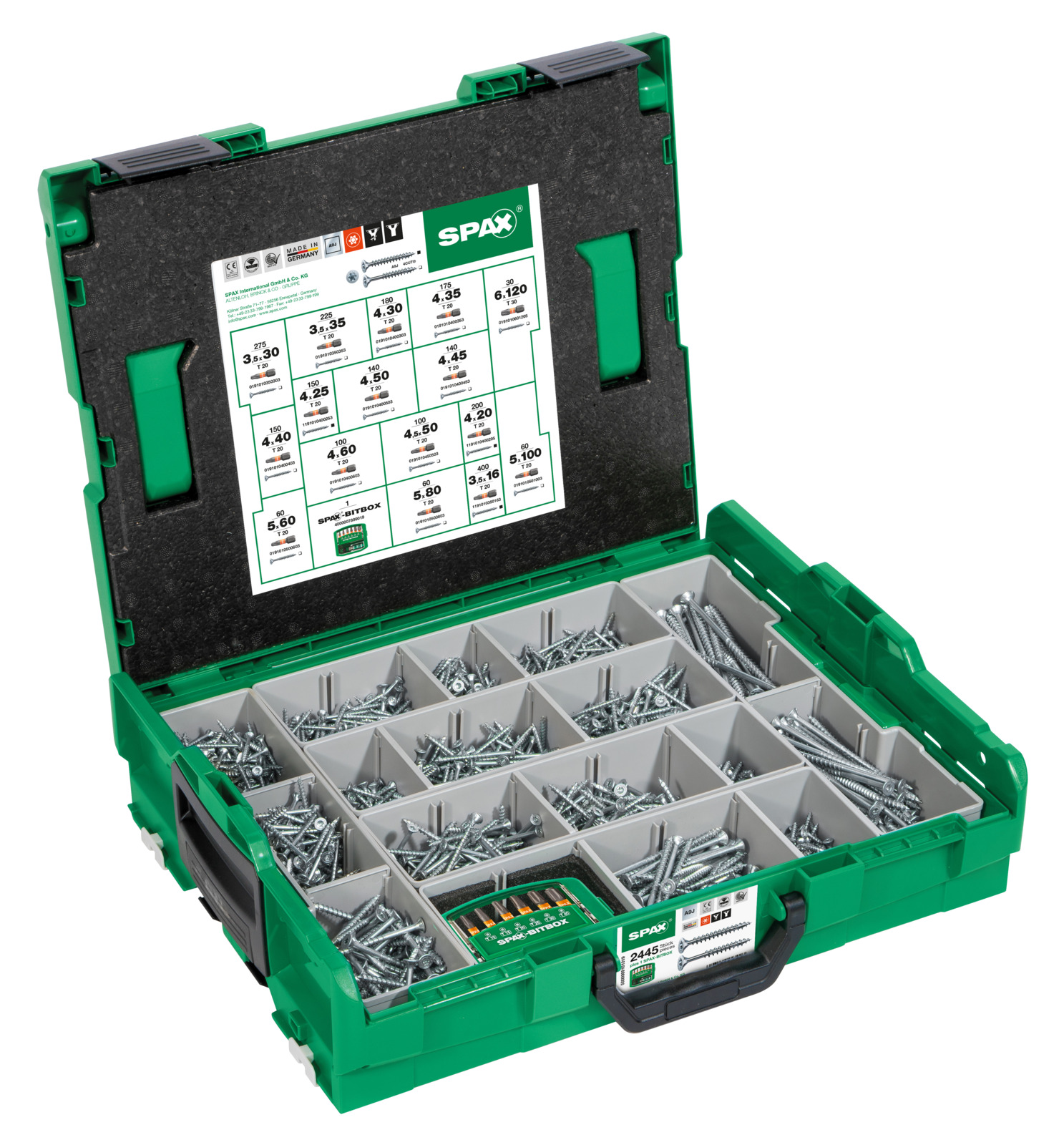 SPAX Montagekoffer L-BOXX, Schraubenset mit 16 Abmessungen, Senkkopf, T-STAR plus, 4CUT, WIROX