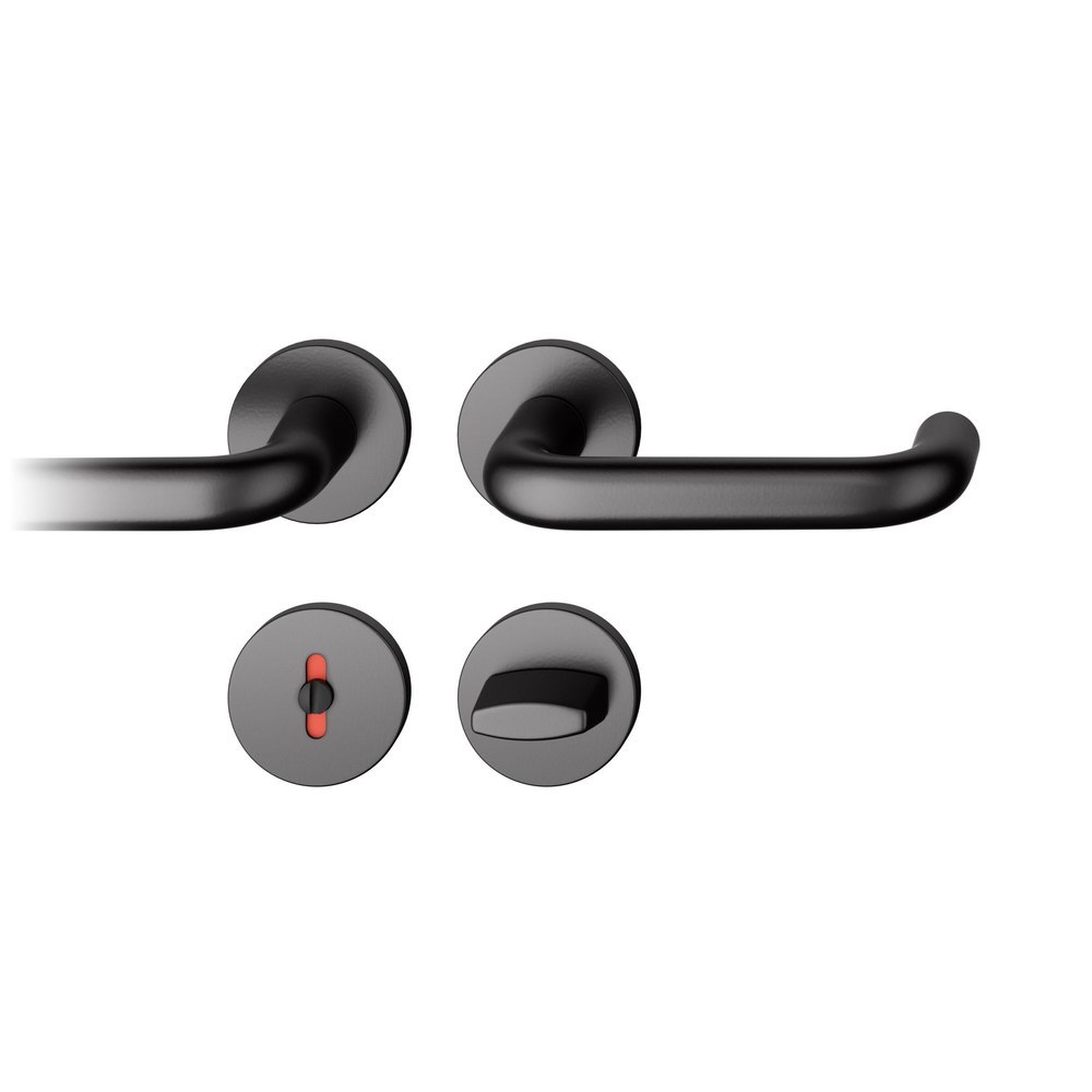 FSB Drückergarnitur 12 1070, Rosette, rund, WC Schauscheibe/Schlitzkopf, Vierkant 8mm, Riegel-Vierkant 8mm, DIN Links-Rechts, Türstärke 39 - 58mm, mit Stütznocken, tiefschwarz, ähnlich RAL 9005 farbig kunststoffbeschichtet Adapter-Standardlager