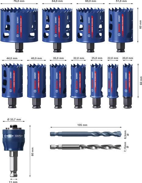 Bild der Produktabmessungen, Bohrer-Satz, HSS-Bohrer, SDS-plus-Bohrer, Löcher-Durchmesser, Bohrer-Größen