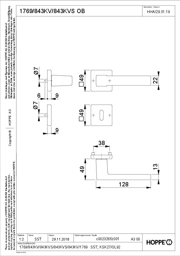 Türgriff, Türbeschlag, Griffstange, Hebel, Kernmaß 128mm