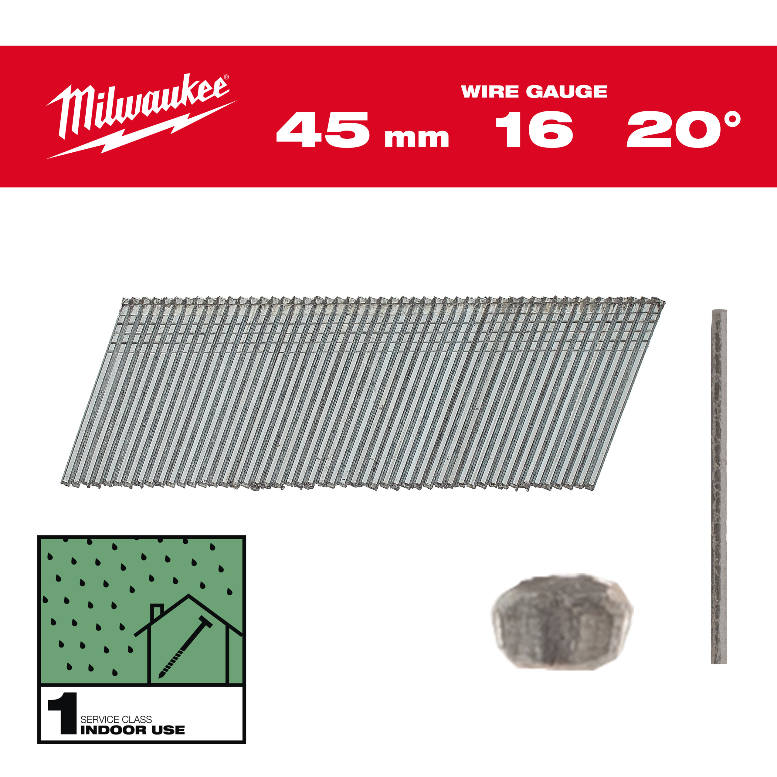 Milwaukee Nägel 1,35 x 1,61 45 mm verzinkt, 20° Stauchkopf-Nägel 16 Gauge für M18CN16GA & M18FN16GA
