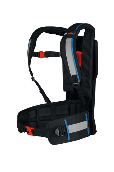 Produktbild Lieferumfang, ergonomische Weste, Gurt, Rückenstütze, reflektierende Streifen, verstellbare Riemen