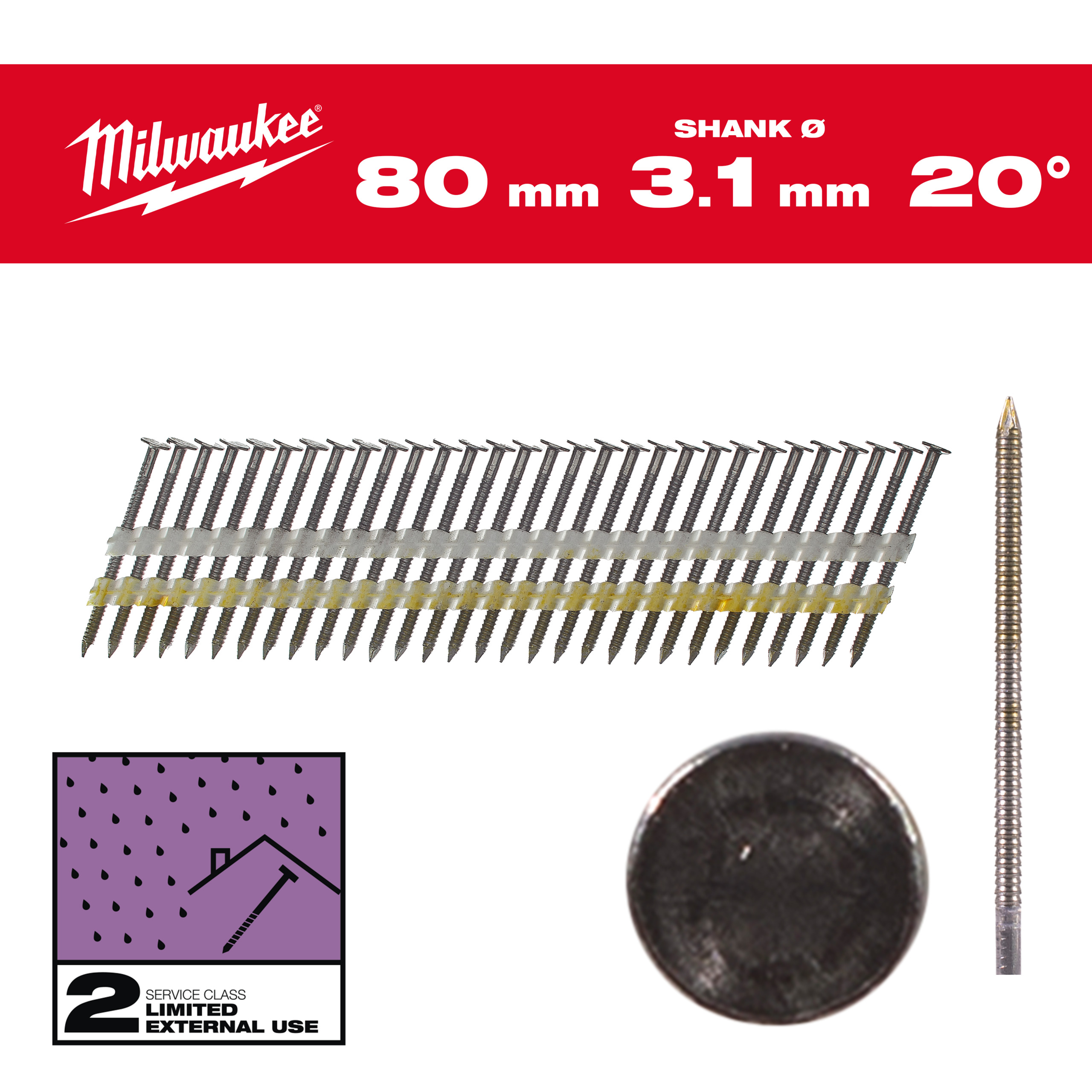 Milwaukee Nägel 7,4 x 3,1 80 mm, Ringschaft verzinkt, 20° Rundkopf-Nägel für M18FFN21
