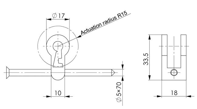 SVG Zeichnung, mechanisches Teil, Riegel, Schlüsselloch, Abmessungen 33,5