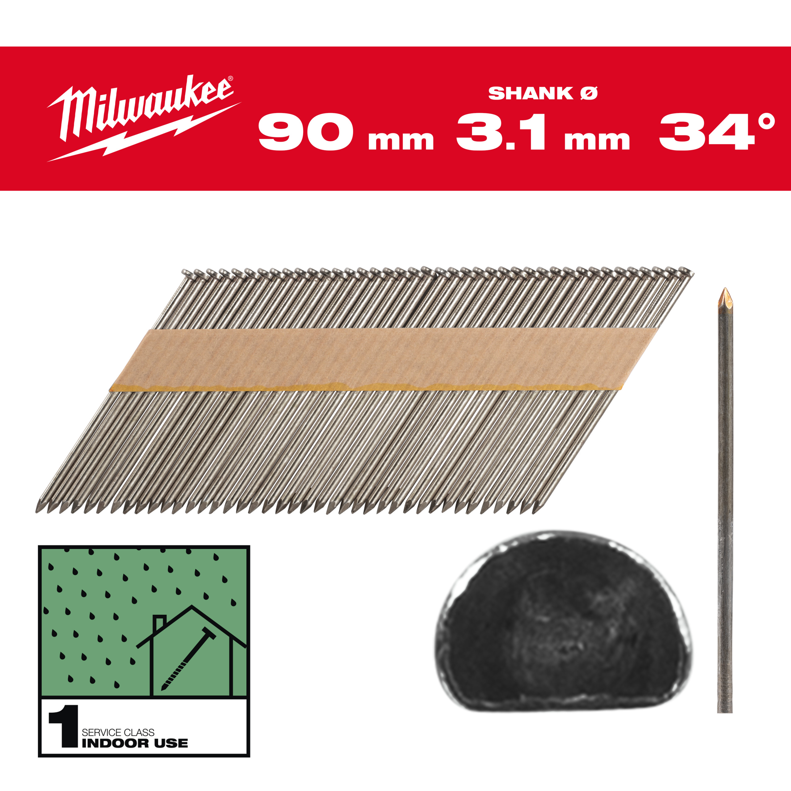 Milwaukee Nägel 7,4 x 3,1 90 mm, Glattschaft Stahl blank, 34° D-Kopf-Nägel für M18FFN
