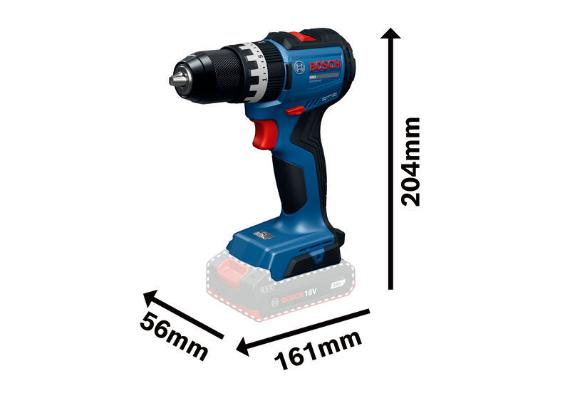 Bild der Produktabmessungen, Akku-Bohrmaschine, Schrauber, 18V, Bosch, Werkzeug