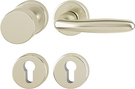 HOPPE Wechselgarnitur Verona 58/42KB/42KBS/1510, Ausführung Türgriff (außen) fest, Rosette, rund, Profilzylinder gelocht, Vierkant 8mm, DIN Links-Rechts, Türstärke 37 - 47mm, mit Stütznocken, neusilberfarben eloxiert mit Rückholfeder