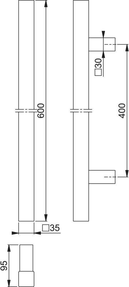 HOPPE Stoßgriff E5766,Befestigungsabstand 400,Länge 600,Durchmesser 35x35,F69