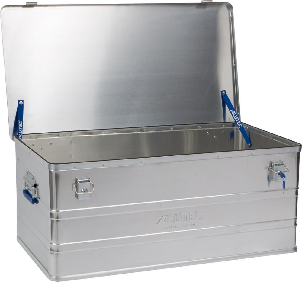Aluminiumkiste, Werkzeugkiste, Metallspeicher, Deckelbox, blaue Verriegelung