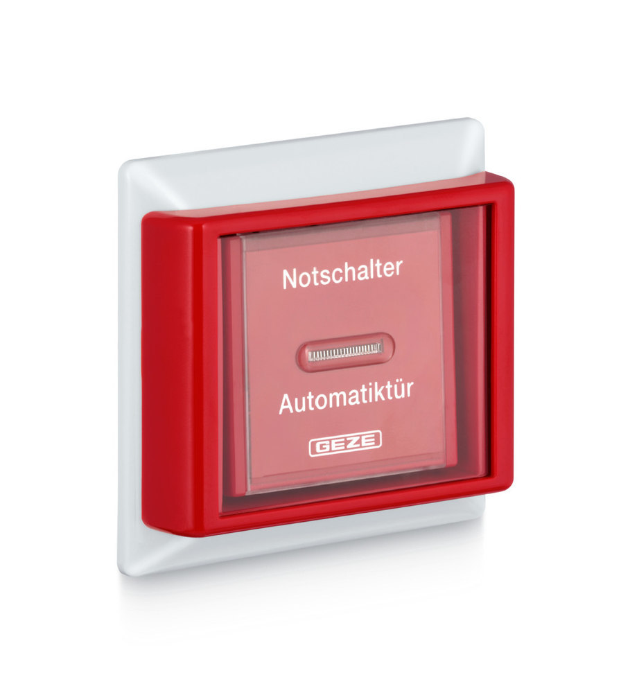Notfallschalter, Automatiktür, Geze, roter Rahmen, Sicherheitsgerät