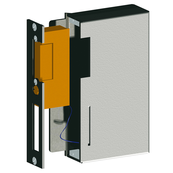 safety latch, electric strike, door strike, metal housing, orange component