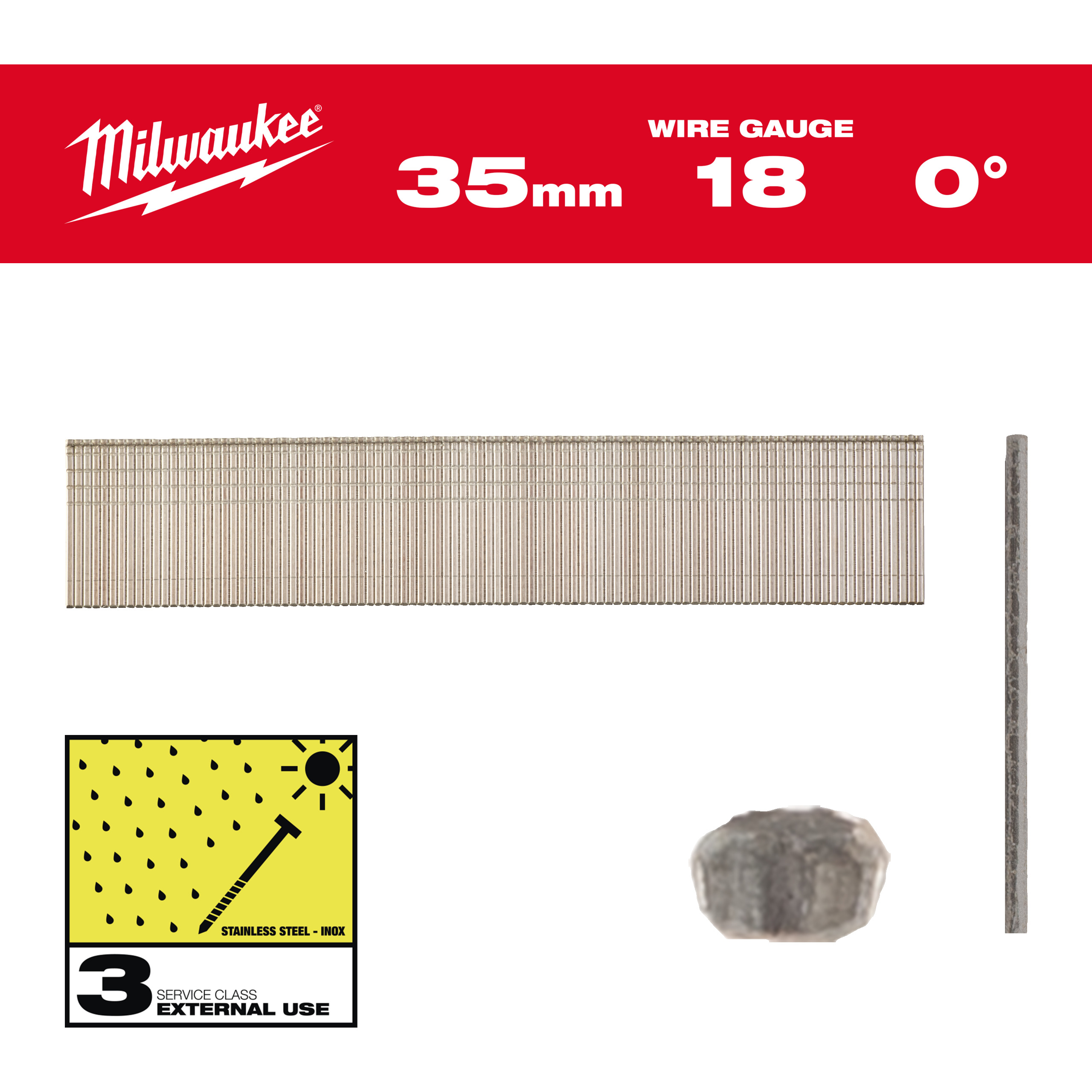 Milwaukee Nägel 1,05 x 1,25 35 mm Edelstahl, 0° Stauchkopf-Nägel 18 Gauge für M18CN18GS